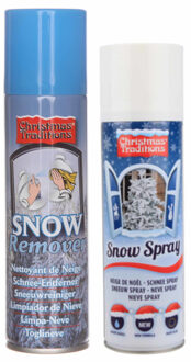 Kunstsneeuw spray set 1x sneeuw spuitbus 600 ml en 1x verwijderaar spuitbus 125 ml - Decoratiesneeuw Wit