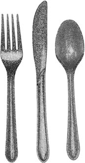 Kunststof bestek party/bbq glitter - 24x delig - zilver - messen/vorken/lepels - herbruikbaar