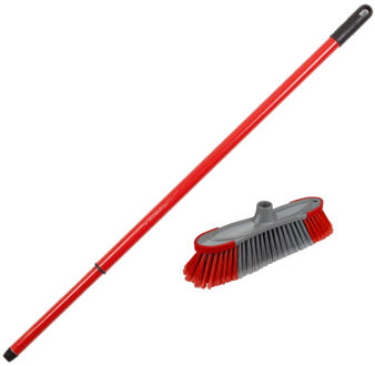 Kunststof binnenbezem - synthetisch - inclusief metalen telescoopsteel - rood 130 cm - Zacht