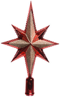 Kunststof glitter ster piek/kerstboom topper rood 25,5 cm - kerstboompieken