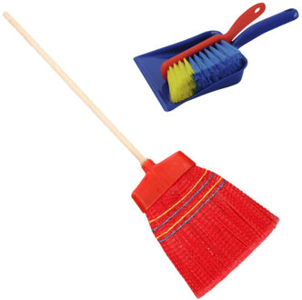 Kunststof huishoud set - bezem - en stoffer en blik - gekleurd - Huishoud set schoonmaakset