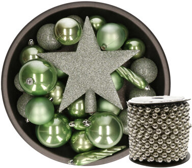Kunststof kerstballen 33x st groen met piek en kralenslinger zilver