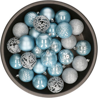 Kunststof kerstballen 37x stuks baby blauw 6 cm