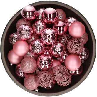 Kunststof kerstballen 37x stuks bubblegum roze 6 cm