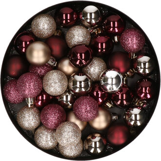 Kunststof kerstballen 40x - champagne en aubergine paars - 3 cm - mix matte glanzend glitter