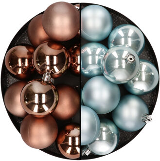 Kunststof kerstballen 6 cm - 24x stuks - bruin en lichtblauw