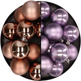 Kunststof kerstballen 6 cm - 24x stuks - bruin en lila paars