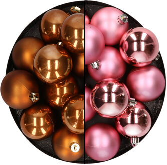 Kunststof kerstballen 6 cm - 24x stuks - bruin en roze - Kerstbal