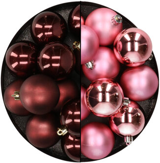 Kunststof kerstballen 6 cm - 24x stuks - bruin en roze