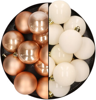 Kunststof kerstballen 6 cm - 24x stuks - bruin en wol wit