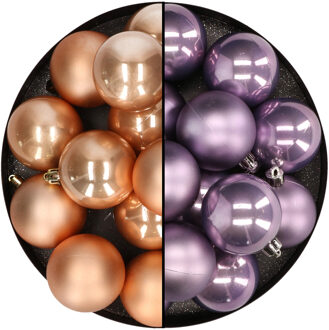 Kunststof kerstballen 6 cm - 24x stuks - lichtbruin en lila paars - Kerstbal