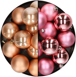 Kunststof kerstballen 6 cm - 24x stuks - lichtbruin en roze
