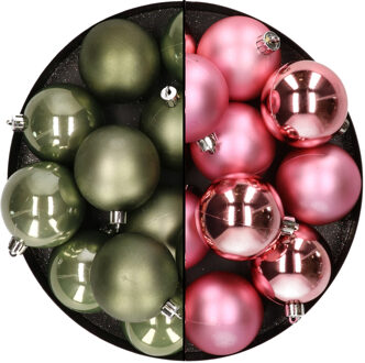 Kunststof kerstballen 6 cm - 24x stuks - mosgroen en roze