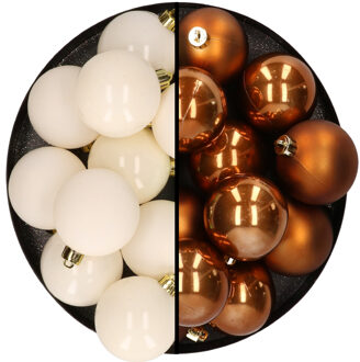 Kunststof kerstballen 6 cm - 24x stuks - wol wit en bruin
