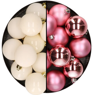 Kunststof kerstballen 6 cm - 24x stuks - wol wit en roze - glans/mat