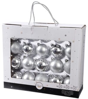 Kunststof kerstballen mix zilver 42 delig glimmend en glitter - Kerstbal Zilverkleurig