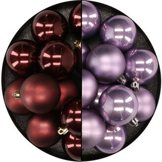 Kunststof kerstballen van dia 6 cm - 24x stuks - bruin en lila paars - kerstversiering