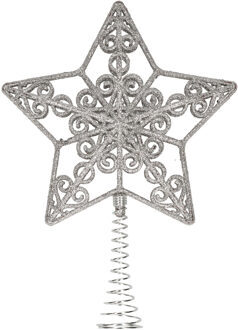 Kunststof kerstboom open ster piek glitter zilver 20 cm