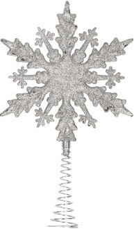 Kunststof kerstboom platte sneeuwvlok piek glitter zilver 20 cm - kerstboompieken Zilverkleurig