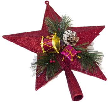 Kunststof kerstboom ster piek rood 21 cm - Kerstpieken met decoratie - kerstboompieken