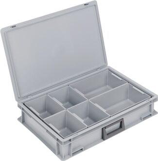 Kunststof koffer | L600xB400xH133 mm PP 1 greep | 6 inzetbakken+schuifsluiting | grijs 24 l | 1 stuk - BL-139224110118-3 BL-139224110118-3