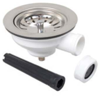 Kunststof korfventiel, 1 1/2" ET, RVS ventielbeker & zeef Ø114 mm, met 1" overloopaansluiting - 98835340