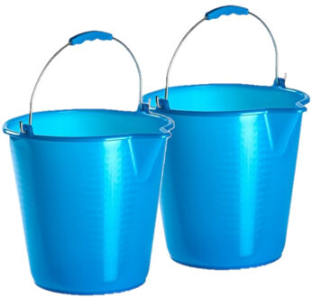 kunststof schoonmaak emmer - 2x - met schenktuit - blauw - 12 liter - Emmers met hengse