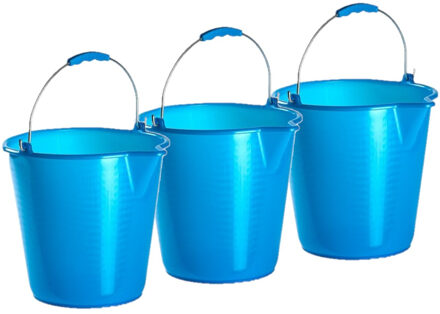 kunststof schoonmaak emmer - 3x stuks - met schenktuit - blauw - 12 liter - Emmers met