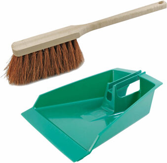 kunststof stoffer en blik - groen - voor buiten - van kokosvezel en met lange steel