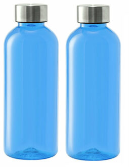 Kunststof waterfles/drinkfles/sportfles - 2x - blauw - met RVS dop - 600 ml - Drinkflessen