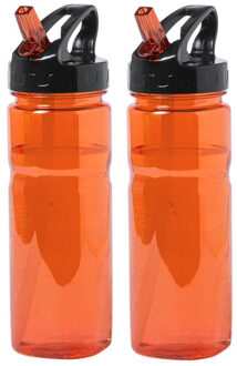 Kunststof waterfles/drinkfles/sportfles - 2x - oranje - met drinktuit - 650 ml