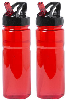 Kunststof waterfles/drinkfles/sportfles - 2x - rood - met drinktuit - 650 ml