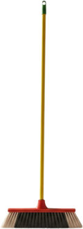 Kunststof zachte binnenbezem inclusief metalen telescoopsteel geel / rood 80 - 130 cm