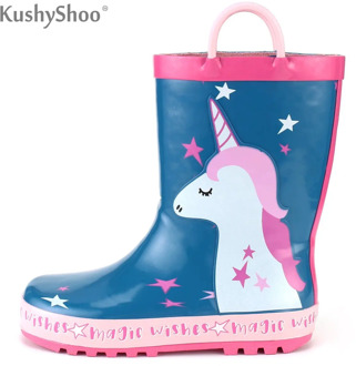 KushyShoo Girl Rain Boots Kids Cute Unicorn Printed with Handles Children's Rubber Boots Waterproof Outdoor Kalosze Dla Dzieci