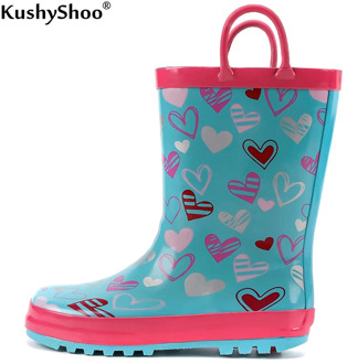 KushyShoo Kids Rubber Boots Girls Non-Slip Lovely Rain Boots with Handles Sweat Heart Children Outdoor Rain Boots for Toddler