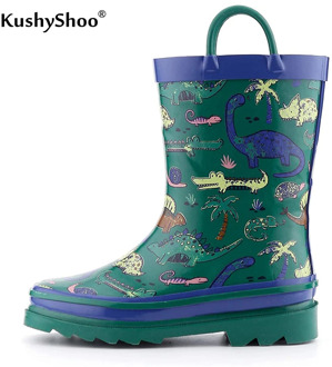 KushyShoo Toddler Rubber Rain Boots Waterproof Outdoor Children Dinasours Print Boys Water Shoes Slip-On Cute Kids Shoes
