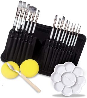 Kwast Set 15 Pcs Borstels Met Paletmes En 2 Sponzen. Voor Acryl, Olie, Aquarel En Gouache