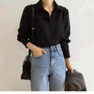 L'été Nouveauté Femmes Solide Noir Chemisier En Mousseline À Manches Longues Décontracté Chemise Femmes Coréennes Bf Stijl Chic
