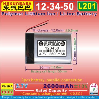[L201] 3.7V 2600 Mah [123450] Plib; polymeer Lithium-Ion/Li-Ion Batterij Voor Dvr, Mp3, Mp4, Mobiele Telefoon, Luidspreker, Gps