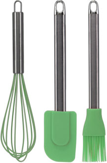 La Cucina Keukengerei set - 3 stuks - garde/pannenlikker/bakkwast - groen - RVS/siliconen - Ca. 26 cm
