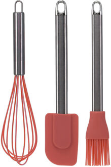 La Cucina Keukengerei set - 3 stuks - garde/pannenlikker/bakkwast - rood - RVS/siliconen - Ca. 26 cm