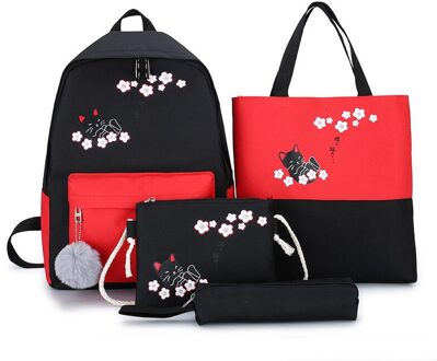 Laamei 4 Stks/set Vrouwen Rugzakken Cartoon Canvas Schooltassen Leuke Animal Print Tiener Schooltas Student Boek Tas Vrouwen Rugzak