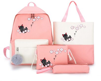 Laamei 4 Stks/set Vrouwen Rugzakken Cartoon Canvas Schooltassen Leuke Animal Print Tiener Schooltas Student Boek Tas Vrouwen Rugzak