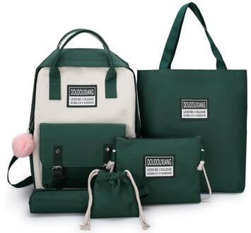 Laamei 5 Stks/set Canvas Vrouwelijke Boek Tas Rugzak Schooltas Schooltas Travel Pack Mode Kwastje Vrouwen Tiener Tieners Meisjes groen