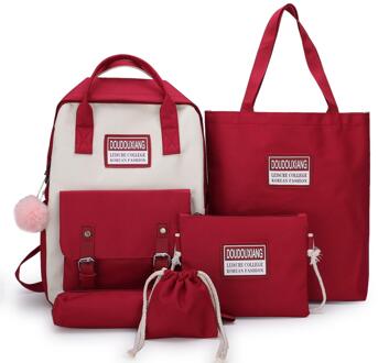 Laamei 5 Stks/set Canvas Vrouwelijke Boek Tas Rugzak Schooltas Schooltas Travel Pack Mode Kwastje Vrouwen Tiener Tieners Meisjes rood
