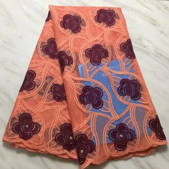 Laatste Royal Blue Nigeriaanse Kant Stof met Kralen Franse Afrikaanse Netto Kant Stof Voor Afrikaanse Feestjurk donker oranje