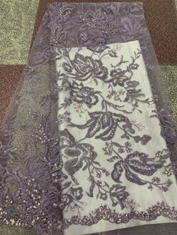 Laatste Sliver Afrikaanse Kant Stof Geborduurde Nigeriaanse Veters Franse Tulle Lace Stof Kralen Voor Wedding Party licht paars