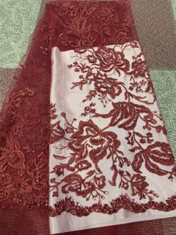 Laatste Sliver Afrikaanse Kant Stof Geborduurde Nigeriaanse Veters Franse Tulle Lace Stof Kralen Voor Wedding Party rood