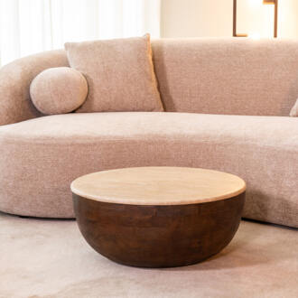 LABEL51 Ronde Salontafel 'Bowl' Travertin en hout, 70cm Espresso - 70 cm