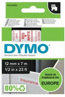 Labeltape Dymo 45015 D1 720550 12mmx7m rood op wit